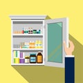 Open the white wood medicine cabinet yellow background.Vector flat illustration.