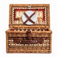 Open Wicker Picnic Basket with Plates and Brown Leather Straps on White Background Royalty Free Stock Photo