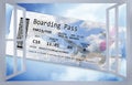 Open window against a blue sky with airplane flight ticket: dreaming of traveling concept image