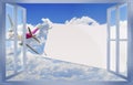 Open window against a blue sky with airplane pulling a blank flight ticket: desire for travel. Concept image with space for text