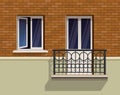 Open window and a balcony on a brick wall realistic flat vector illustration. A slightly open window and metal forged