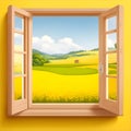 Open window with beautiful green field, yellow field landscape. Landscape sunny meadow, green hills, agricultural pastures. Good