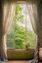 open window with breezy curtains overlooking serene nature scene Royalty Free Stock Photo