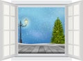 Open window of Christmas tree and lamp post on winter background Royalty Free Stock Photo