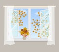 Open window with curtains on a gray background