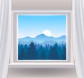 Open window interior home with a forest landscape view nature. Country mountains landscape from view the window of trees