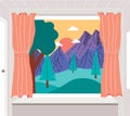 Open window with a landscape view. Mountain peaks and trees. Nature background. Vector illustration flat design Royalty Free Stock Photo