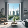 An open window overlooking a nuclear power plant. Royalty Free Stock Photo