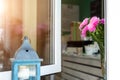 Open window with pink daisy flowers in vase of street city urban cafe with tee or coffee to go and warm sunrise sun reflection in Royalty Free Stock Photo