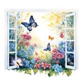 open window with a spring view illustration, isolated on a white background, invites the beauty of the season indoors.