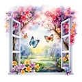 open window with a spring view illustration, isolated on a white background, invites the beauty of the season indoors.