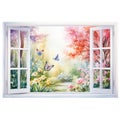 open window with a spring view illustration, isolated on a white background, invites the beauty of the season indoors.