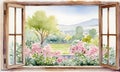 Open Window to serene landscape watercolor. Sense of peace for therapeutic and mindfulness resources. AI Illustration Royalty Free Stock Photo