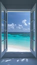 Open Window to Turquoise Paradise, Inviting Beach View, Serene Tropical Escape Awaits