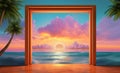 Open window with tropical landscape and ocean in y2k or vaporwave style. Pink sunrise in 90s style room, vacation