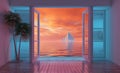 Open window with tropical landscape and ocean in y2k or vaporwave style. Pink sunrise in 90s style room, vacation