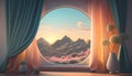 Open window with a view of the mountains and the sky. 3d rendering Royalty Free Stock Photo