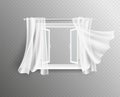 Open window. White frame with glass and curtains. Interior design, isolated windows decorated flying silk transparent