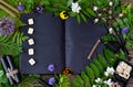 Open witch book with black pages, copy space, runes, herbs and black candles on table