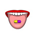 Open woman`s mouth and colorful pill on tongue