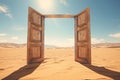 open wooden antique door in the middle of the desert. Road into the unknown, beginning, start up concept Royalty Free Stock Photo