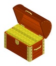 Open wooden chest full of pirate treasures. Ingots of gold in chest. Success in search for wealth on sunken ships. Isometric 3D