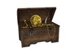 3D illustration of an open wooden chest with golden pirate treasure isolated on a white background