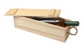 Open wooden crate with bottle of wine isolated on