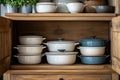 Open wooden cupboard showcasing a collection of stylish ceramic and cast iron cookware, creating a warm and inviting kitchen Royalty Free Stock Photo