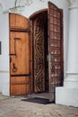 Open wooden door to the church. St.Cyril church exterior. Ancient doorway to cathedral. Ukrainian historical church. Royalty Free Stock Photo