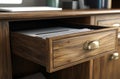 Open wooden filing cabinet drawer with documents inside in modern office interior Royalty Free Stock Photo