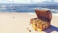 An open wooden pirate chest filled with gold coins and diamonds lies on the shore of a lost tropical island. 3D Royalty Free Stock Photo