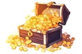 Open wooden treasure chest overfilled with golden coins. Cartoon illustration