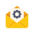 Yellow open email containing document with gear icon logo