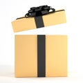 Open yellow gold gift box with black ribbon and bow isolated on white background. Royalty Free Stock Photo