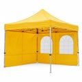 Open yellow pop-up canopy tent with arched windows and metal frame on a white background Royalty Free Stock Photo