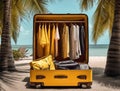 Open yellow suitcase with clothes for tourism travel Royalty Free Stock Photo