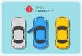 Open your car`s door carefully. Top view of cars on parking. Blue sedan car with opened front door.