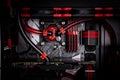 Open your computer with a water cooling system, a processor, a graphics card, a motherboard fan