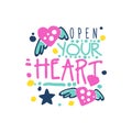 Open your heart positive slogan, hand written lettering motivational quote colorful vector Illustration