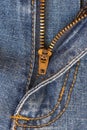 Open zipper on blue jeans . Royalty Free Stock Photo