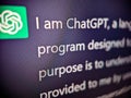 OpenAI ChatGPT artificial intelligence app renders a text prompt that describes itself as a language model