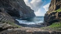 An openair stadium built into a cove with the ocean waves crashing on one side and towering cliffs on the other