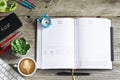 Opened agenda as copy space or background on wooden table Royalty Free Stock Photo