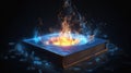 Opened ancient book with circle fire inside. Mystique portail with blue sparkles. Entrance to imaginary world. AI