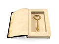 Opened ancient paper book with retro golden key hidden inside