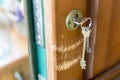 Opened armoured door with keychain in lock. Scratched wooden part under bunch of keys Royalty Free Stock Photo