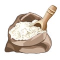 Opened bag of flour, half full. Wooden spoon for loose products. Storing flour. Cooking. Vector.