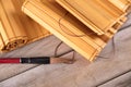 An opened bamboo slip and a writing brush Royalty Free Stock Photo