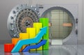 Opened bank vault with growing charts. Analytical banking concept, 3D rendering